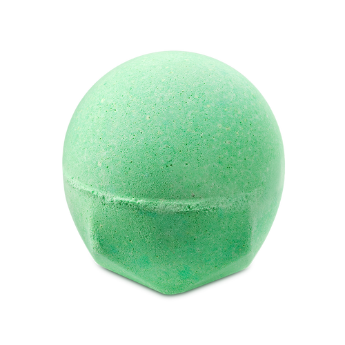 A bright green, spherical bath bomb called Avobath Bath bomb with a speckled texture. The round top tapers into a faceted base, all set against a solid black background.